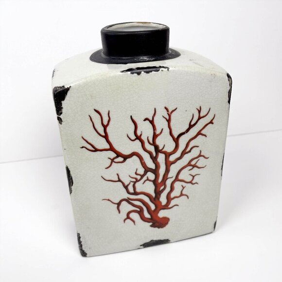 Vintage Inspired Coral Branch Ceramic Vase Red Cream Distressed - Picture 2 of 5